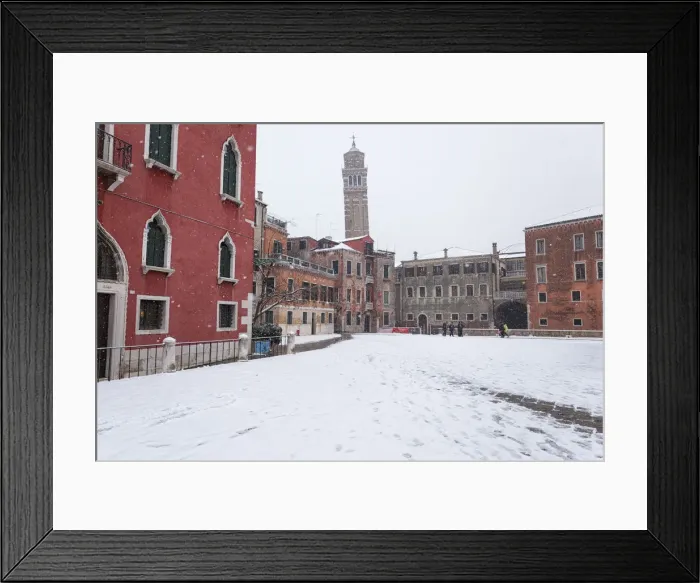 Framed Print : Campo Sant Anzolo with Santo Stefano Bell Tower during a snowfall, Venice, Veneto