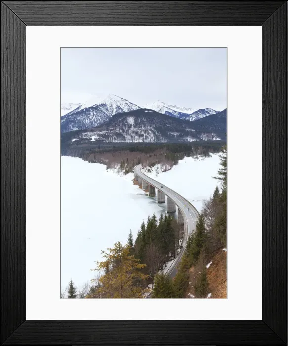 Framed Print : Sylvenstein bridge on frozen lake Sylvensteinsee, Lenggries, Bad T√∂lz-Wolfratshausen district, Upper Bavaria, Germany