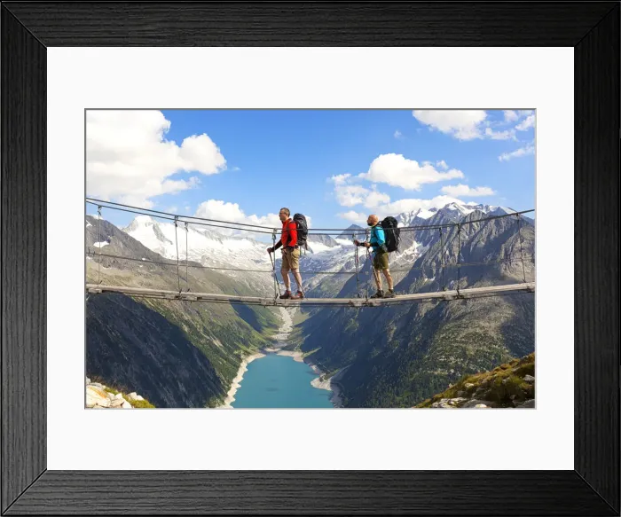Framed Print : The tibetan bridge near Olperer refuge with Lake Schlegeispeicher on the background Framed Print : The tibetan bridge near Olperer refuge with Lake Schlegeispeicher on the background