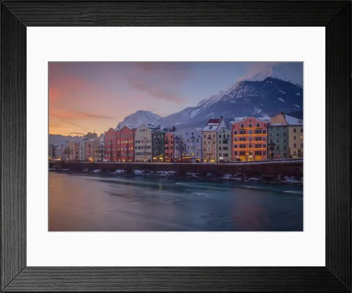 Framed Print : The colorful buildings of Mariahilf at dusk, Innsbruck, Tyrol, Asutria