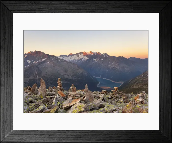 Framed Print : Cairns on summit of Peterskaopfl with Lake Schlegeispeicher and Hochfeiler group Framed Print : Cairns on summit of Peterskaopfl with Lake Schlegeispeicher and Hochfeiler group