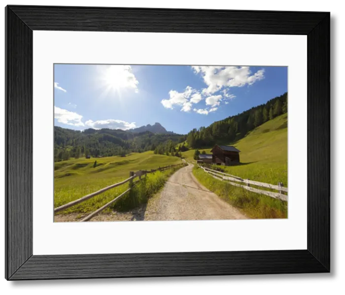 Framed Print : Longiaru, San Martino in Badia, Badia Valley, Dolomites, Bolzano province, South Tyrol, Italy. A footpath with Sass da Putia in the background