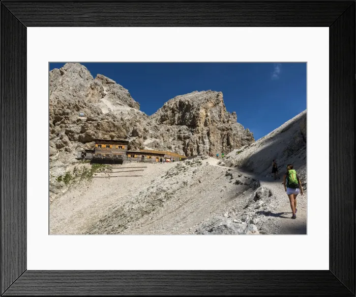 Framed Print : Italy, Trentino Alto Adige, Val di Fassa, Hiker on his way to the Principe mountain hut Framed Print : Italy, Trentino Alto Adige, Val di Fassa, Hiker on his way to the Principe mountain hut
