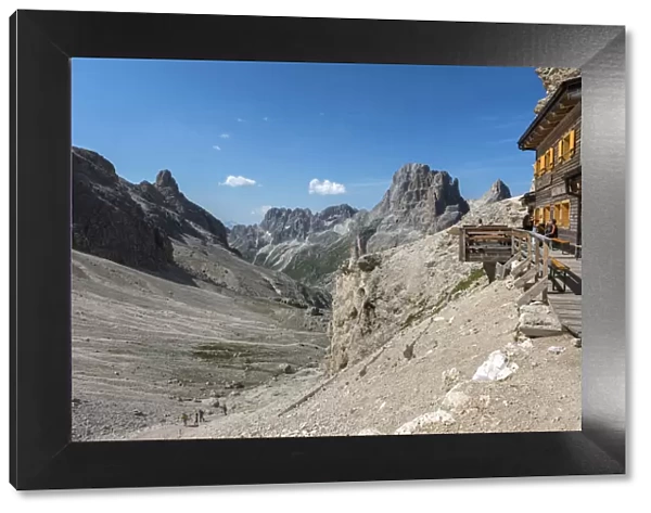 Panoramic view of Vajolet valley seen from principe refuge, dolomites, Italy