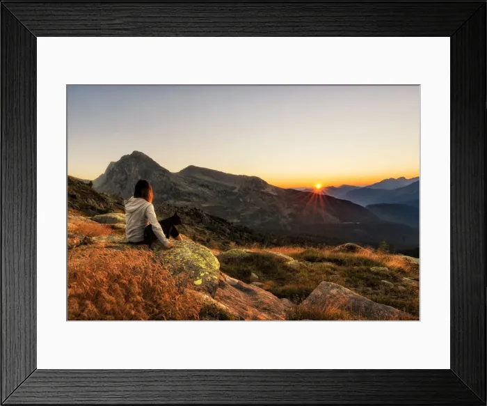 Framed Print : Hiker with dog admire sunset over Fiemme valley, Trentino Alto Adige, Italy Framed Print : Hiker with dog admire sunset over Fiemme valley, Trentino Alto Adige, Italy