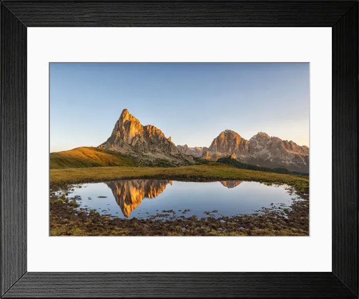 Framed Print : Gusela mountain at sunrise reflected in small lake, Giau Pass, Dolomites, Veneto, Italy Framed Print : Gusela mountain at sunrise reflected in small lake, Giau Pass, Dolomites, Veneto, Italy