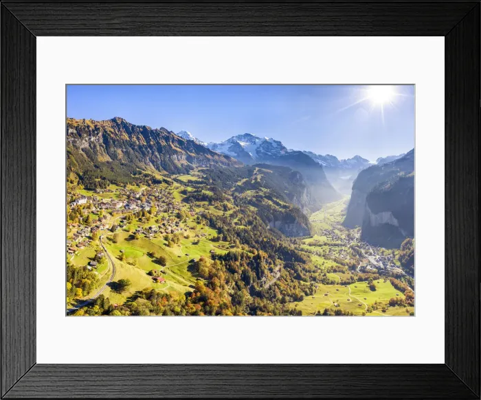Framed Print : Aerial view of Lauterbrunnen valley. Wengen, Canton of Bern, Switzerland, Europe Framed Print : Aerial view of Lauterbrunnen valley. Wengen, Canton of Bern, Switzerland, Europe