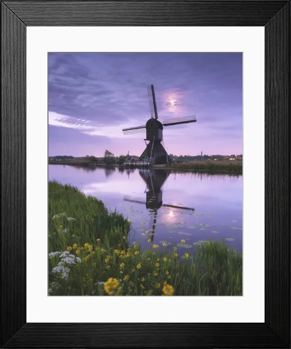 Framed Print : Windmill and moon reflected in the canal, Kinderdijk, Molenlanden, South Holland Framed Print : Windmill and moon reflected in the canal, Kinderdijk, Molenlanden, South Holland