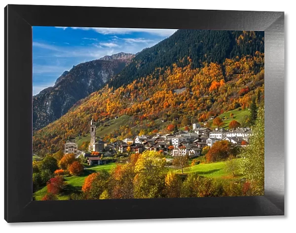 A perfect Autumn day at Soglio, Maloja region, Canton of Graubunden, Bregaglia valley