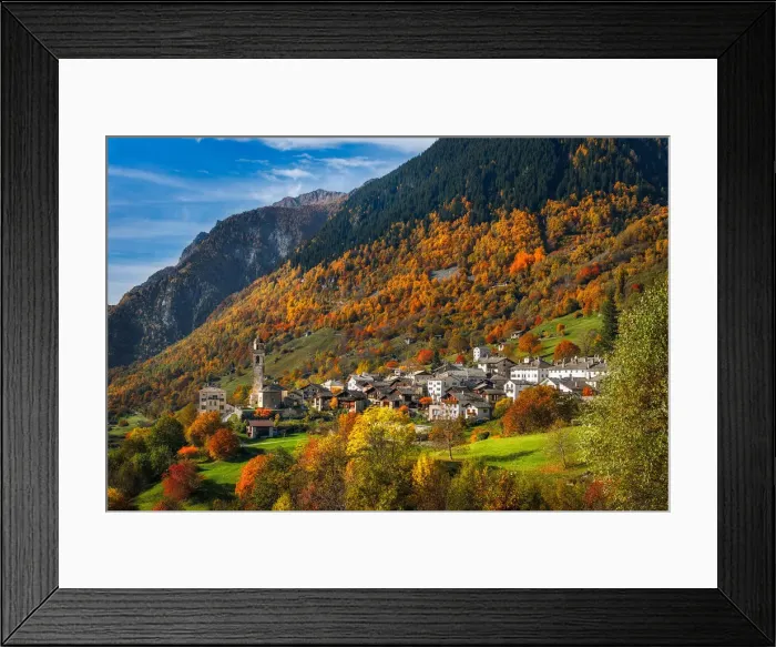 Framed Print : A perfect Autumn day at Soglio, Maloja region, Canton of Graubunden, Bregaglia valley Framed Print : A perfect Autumn day at Soglio, Maloja region, Canton of Graubunden, Bregaglia valley