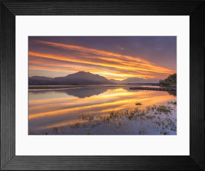 Framed Print : Sunrise on lake Pusiano with fire reflections, Lecco province, Brianza, Lombardy, Italy Framed Print : Sunrise on lake Pusiano with fire reflections, Lecco province, Brianza, Lombardy, Italy