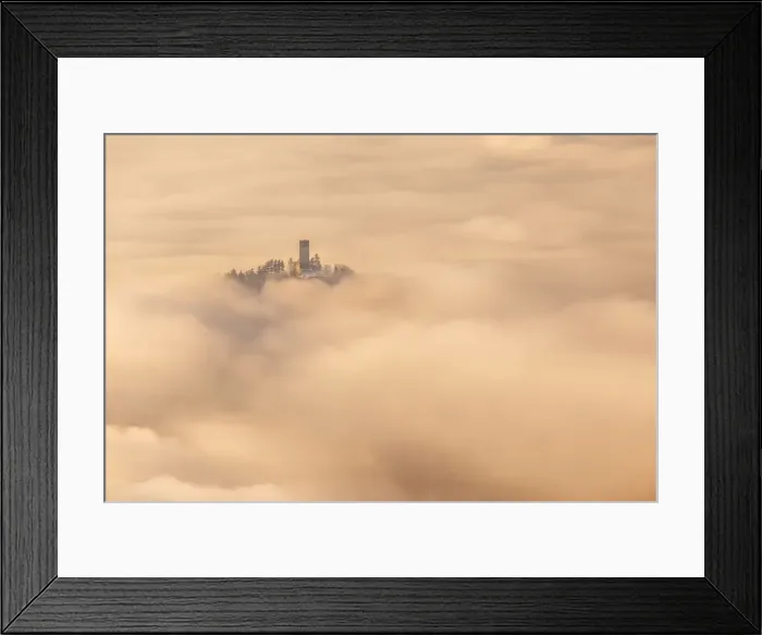 Framed Print : Castel Baradello tower rise up from a sea of clouds in a magic sunrise, Como, Lombardy Framed Print : Castel Baradello tower rise up from a sea of clouds in a magic sunrise, Como, Lombardy