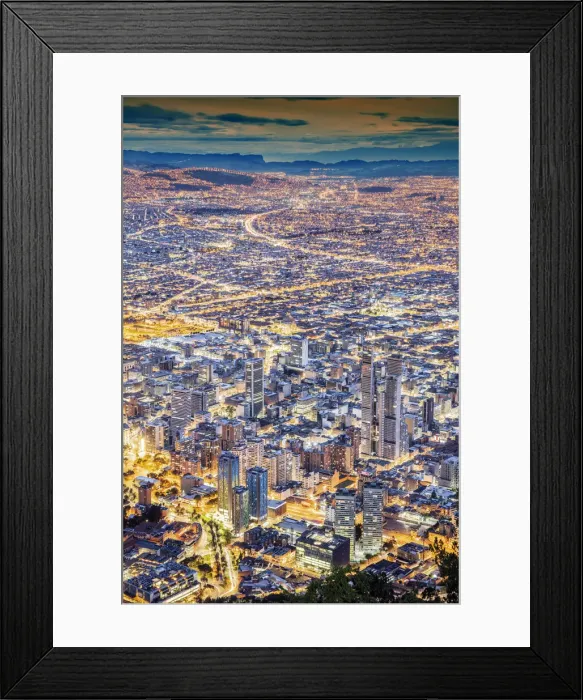 Framed Print : South America, Colombia, Bogota, elevated view of the city centre showing illuminated Framed Print : South America, Colombia, Bogota, elevated view of the city centre showing illuminated
