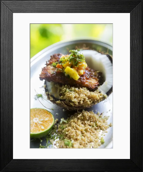 Framed Print : Central America, Costa Rica, fried fish with couscous and mango served in a coconut Framed Print : Central America, Costa Rica, fried fish with couscous and mango served in a coconut