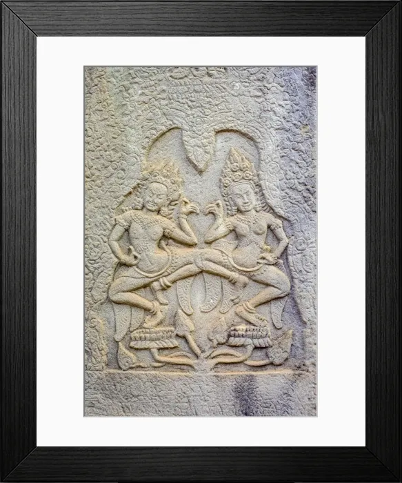 Framed Print : Stone carvings of Apsara dancers at Prasat Bayon temple ruins, Angkor Thom, UNESCO