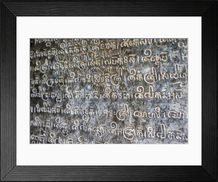 Framed Print : Khmer writing script carved in stone, Prasat Preah Ko temple ruins, Roluos, UNESCO Framed Print : Khmer writing script carved in stone, Prasat Preah Ko temple ruins, Roluos, UNESCO