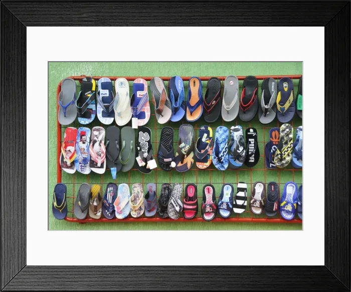 Framed Print : Flip flops for sale at a Indian market in Silvia, Guambiano Indians, Colombia, South Framed Print : Flip flops for sale at a Indian market in Silvia, Guambiano Indians, Colombia, South