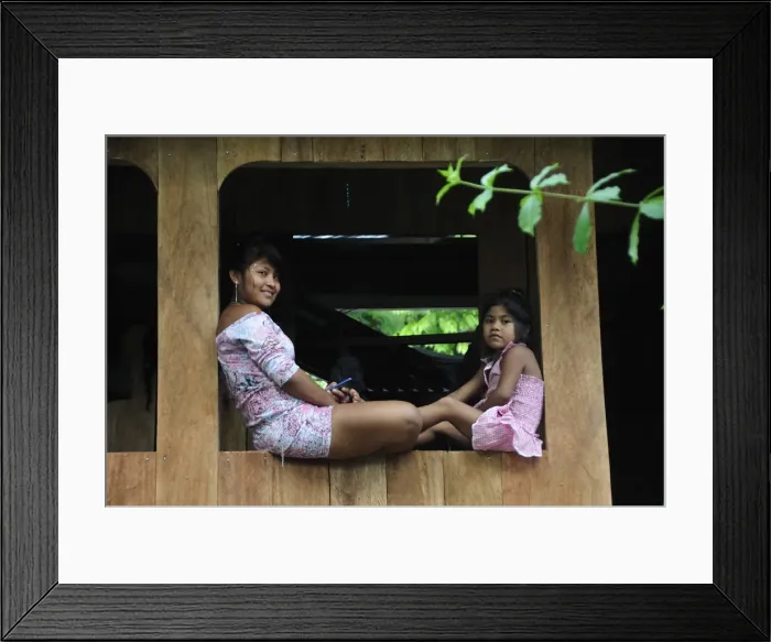 Framed Print : Mother and child sat on window, Ticuna Indian Village of Macedonia, Amazon River Framed Print : Mother and child sat on window, Ticuna Indian Village of Macedonia, Amazon River