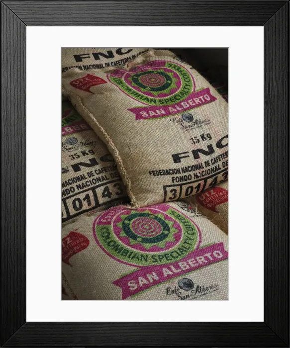 Framed Print : Bags of coffee in Buenavista, Colombia, South America