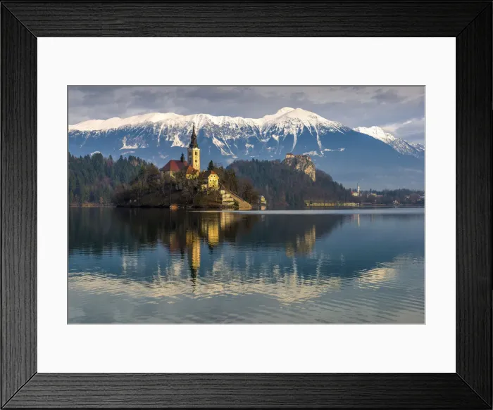 Framed Print : Bled, Slovenia, Europe. A panoramic view of Julian Alps, lake Bled with St Framed Print : Bled, Slovenia, Europe. A panoramic view of Julian Alps, lake Bled with St