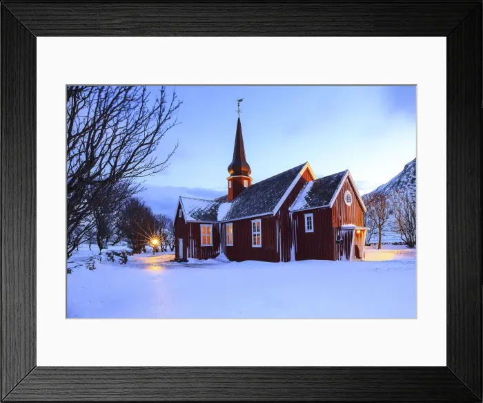 Framed Print : Flakstad church at dusk, Flakstad, Lofoten islands, Norway Framed Print : Flakstad church at dusk, Flakstad, Lofoten islands, Norway