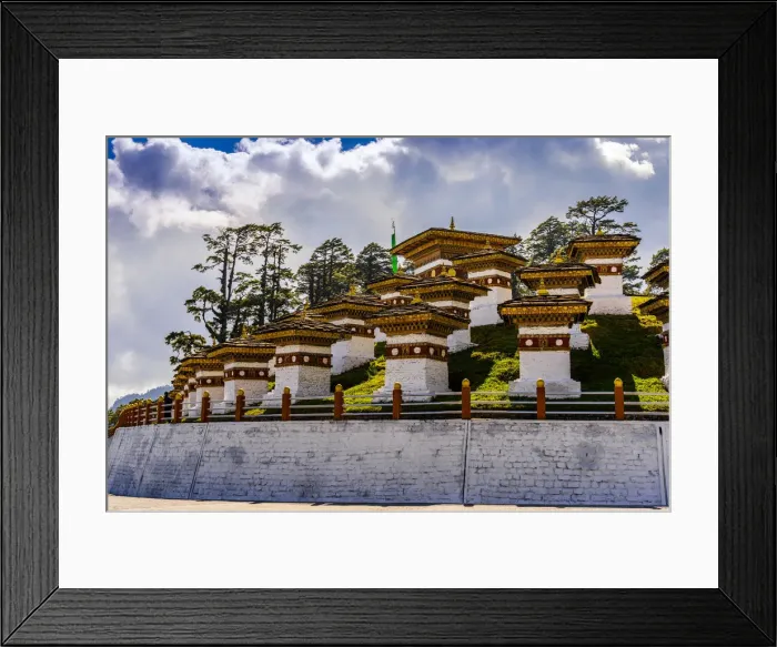 Framed Print : The 108 memorial chortens or stupas, Dochula Pass on the road from Thimpu to Punakha Framed Print : The 108 memorial chortens or stupas, Dochula Pass on the road from Thimpu to Punakha