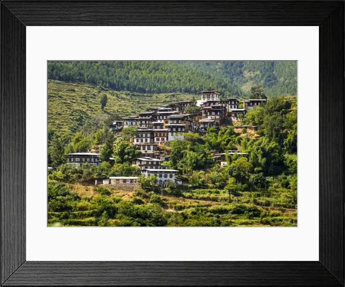 Framed Print : Typical bhutanese houses with temple on top. Timphu district, Bhutan Framed Print : Typical bhutanese houses with temple on top. Timphu district, Bhutan