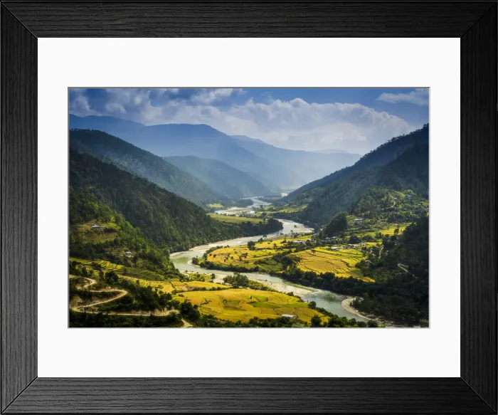 Framed Print : A view of Punakha valley from the roof of Khamsam Yulley Namgyal Chorten. Punakha Framed Print : A view of Punakha valley from the roof of Khamsam Yulley Namgyal Chorten. Punakha