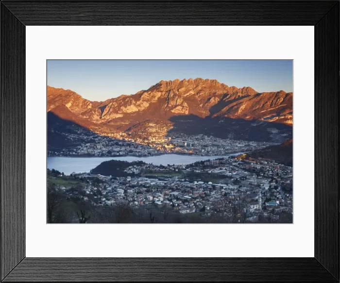 Framed Print : Sunset on Lecco and red mountains from the Plain of San Tomaso, lake Como, Lombardy Framed Print : Sunset on Lecco and red mountains from the Plain of San Tomaso, lake Como, Lombardy