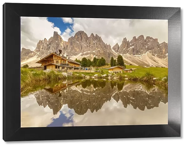 Reflections of Odle group and Geisleralm (Rifugio delle Odle), Funes valley, South Tyrol