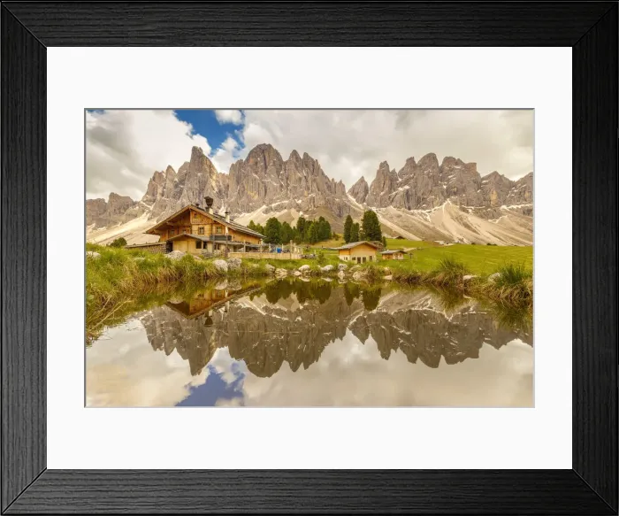 Framed Print : Reflections of Odle group and Geisleralm (Rifugio delle Odle), Funes valley, South Tyrol Framed Print : Reflections of Odle group and Geisleralm (Rifugio delle Odle), Funes valley, South Tyrol