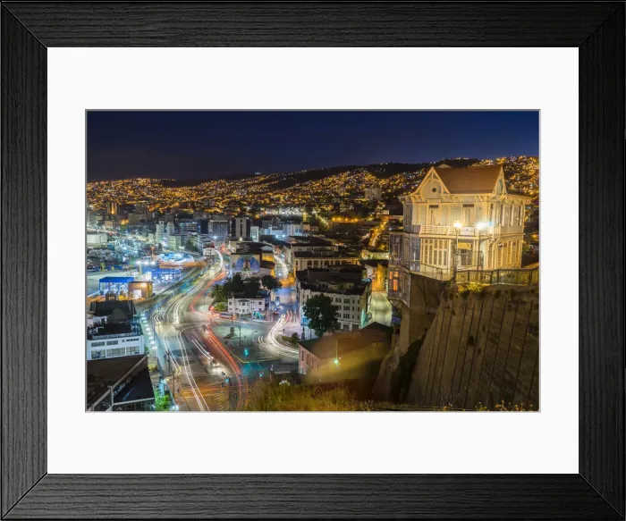 Framed Print : Illuminated Casa Cuatro Vientos restaurant at Paseo 21 de Mayo by light trails Framed Print : Illuminated Casa Cuatro Vientos restaurant at Paseo 21 de Mayo by light trails