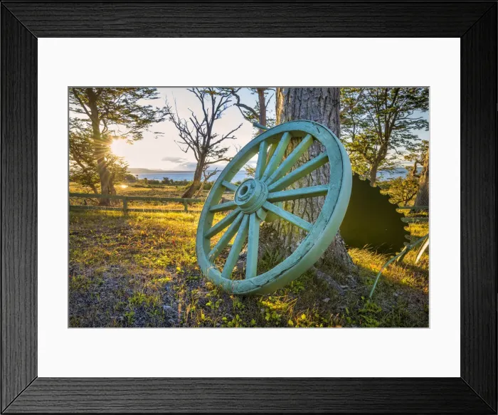 Framed Print : South America, Chile, Tierra del Fuego, Lago Blanco, Old cart wheel in a field Framed Print : South America, Chile, Tierra del Fuego, Lago Blanco, Old cart wheel in a field
