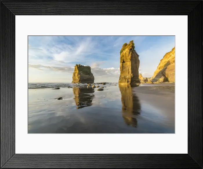 Framed Print : Golden light over the Three Sisters and Elephant Rock. Tongaporutu, New Plymouth district