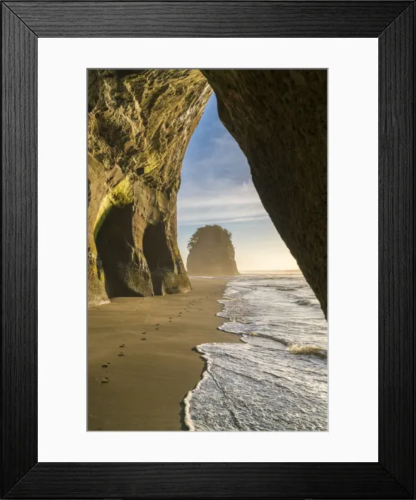 Framed Print : Rock cave and Elephant Rock in the background. Tongaporutu, New Plymouth district Framed Print : Rock cave and Elephant Rock in the background. Tongaporutu, New Plymouth district