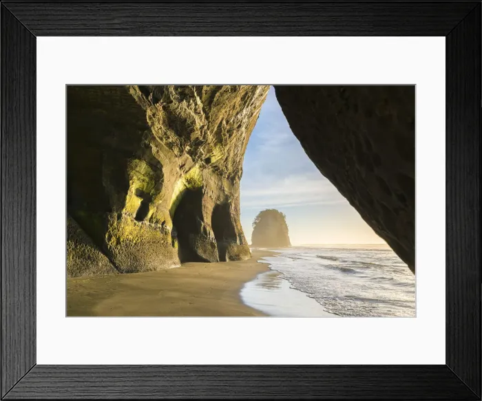 Framed Print : Rock cave and Elephant Rock in the background. Tongaporutu, New Plymouth district Framed Print : Rock cave and Elephant Rock in the background. Tongaporutu, New Plymouth district