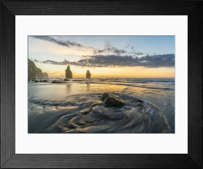 Framed Print : Sunset at the Three Sisters. Tongaporutu, New Plymouth district
