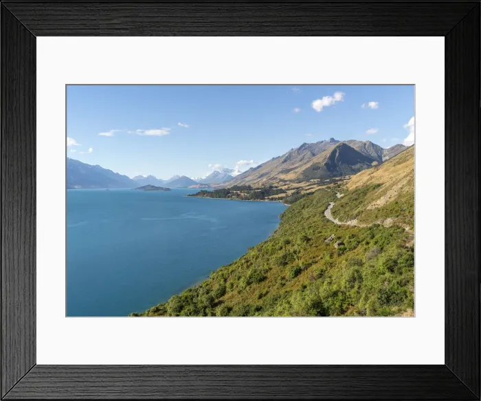 Framed Print : View from Bennets Bluff lookout with the Glenorchy-Queenstown road. Mount Creighton Framed Print : View from Bennets Bluff lookout with the Glenorchy-Queenstown road. Mount Creighton