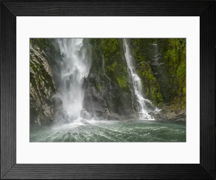 Framed Print : Stirling Falls reaching the sea in Milford Sound. Fiordland NP, Southland district Framed Print : Stirling Falls reaching the sea in Milford Sound. Fiordland NP, Southland district