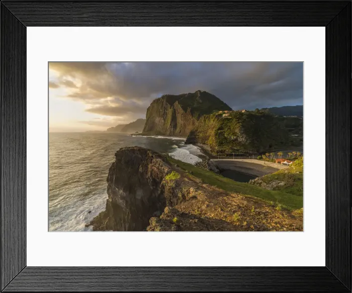 Framed Print : Faial beach and its cliffs at sunrise. Faial, Santana municipality, Madeira Island Framed Print : Faial beach and its cliffs at sunrise. Faial, Santana municipality, Madeira Island
