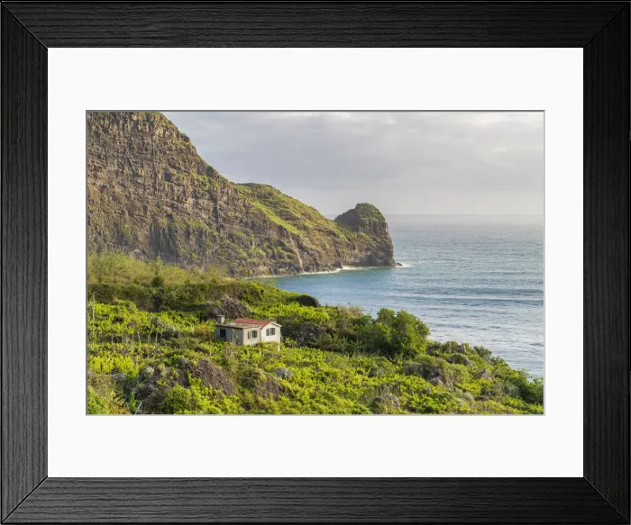 Framed Print : Farmhouse surrounded by fruit plantations and Clerigo Point in the background. Faial Framed Print : Farmhouse surrounded by fruit plantations and Clerigo Point in the background. Faial
