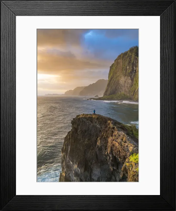 Framed Print : Person on a cliff watching the sunrise. Faial, Santana municipality, Madeira Island Framed Print : Person on a cliff watching the sunrise. Faial, Santana municipality, Madeira Island