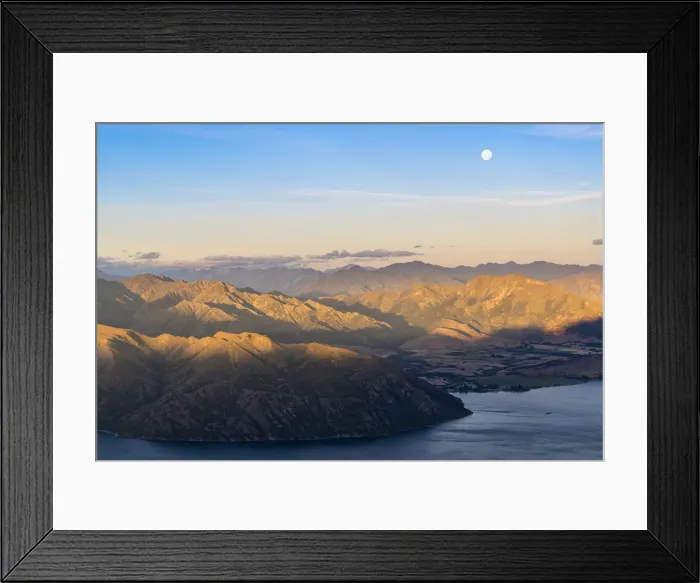 Framed Print : Moon over Lake Wanaka at sunset shot from Roys Peak track