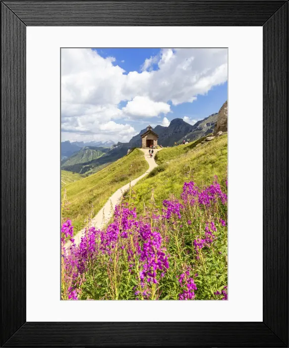 Framed Print : Flowering at Pordoi Pass Chapel. Pordoi Pass, Fassa Valley, Trentino, Dolomites, Italy Framed Print : Flowering at Pordoi Pass Chapel. Pordoi Pass, Fassa Valley, Trentino, Dolomites, Italy