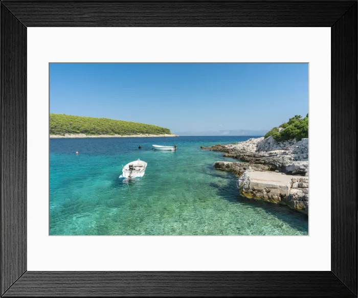 Framed Print : Boats at the little pier of Tankaraca cove in summer Framed Print : Boats at the little pier of Tankaraca cove in summer