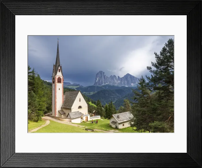 Framed Print : Church of San Giacomo with Sassolungo Group in the background. Ortisei, Gardena Valley Framed Print : Church of San Giacomo with Sassolungo Group in the background. Ortisei, Gardena Valley