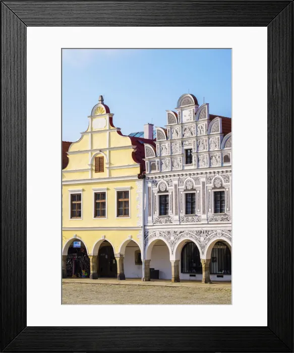 Framed Print : Czech Republic, Vysocina Region, Telc. Facades of Renaissance and Baroque houses