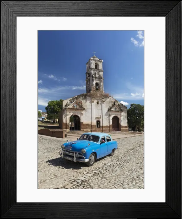 Framed Print : Blue classic car passes old church, Trinidad, Sancti Spiritus Province, Cuba Framed Print : Blue classic car passes old church, Trinidad, Sancti Spiritus Province, Cuba