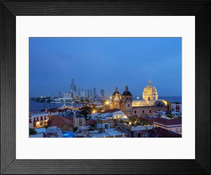 Framed Print : View over Old Town towards San Pedro Claver Church and Bocagrande at dusk, Cartagena Framed Print : View over Old Town towards San Pedro Claver Church and Bocagrande at dusk, Cartagena