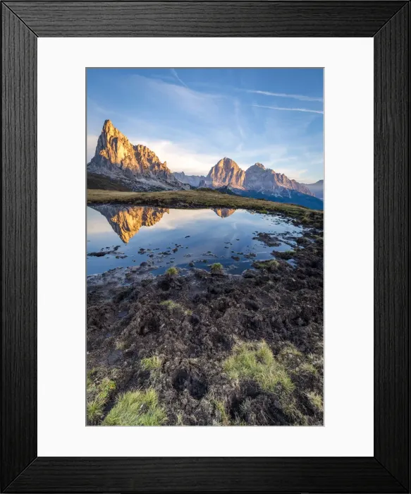 Framed Print : Mount Gusela and Tofane group are mirrored in a pond, Giau pass, Cortina d Ampezzo Framed Print : Mount Gusela and Tofane group are mirrored in a pond, Giau pass, Cortina d Ampezzo